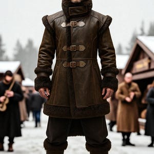 Premium Brown Shearling Leather Coat for Men – Medieval Winter Jacket, LARP Viking Outerwear, Renaissance Fantasy Costume
