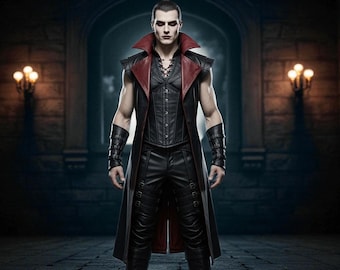 Vampire Gothic Leather Trench Coat for Men | Long Sleeveless Cosplay outfit | Dark Fantasy Halloween Costume | Steampunk Outfit