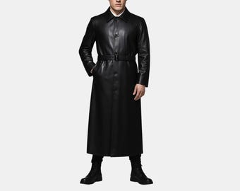 Herren in voller Länge Schwarz Leder Trenchcoat Echtleder Mantel Gothic Steampunk Lange Jacke Handgemachte Winter Oberbekleidung