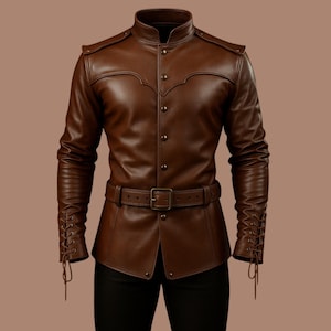Brown Leather Renaissance Jacket – Medieval Cosplay Doublet, Steampunk Fantasy Coat, Viking LARP Leather Armor, Men&#39;s Festival Outerwear