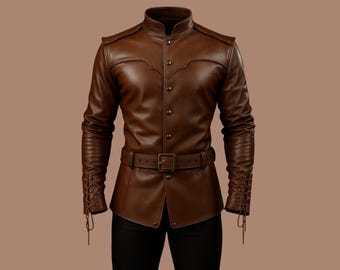 Brown Leather Renaissance Jacket – Medieval Cosplay Doublet, Steampunk Fantasy Coat, Viking LARP Leather Armor, Men&#39;s Festival Outerwear