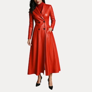 Handgefertigter Roter Leder Trenchcoat Frauen Langer Zweireihiger Echter Ledermantel Gothic Vintage Style Winter Tailored Fit Ledermantel