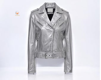 Silver Metallic Handmade Leather Biker Jacket Women’s Moto Zip Belted Coat for Streetwear, Rave & Festival Fashion