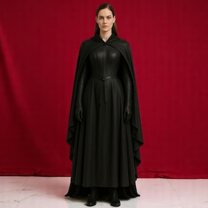 Witch Leather Cloak & Dress – Full Length Hooded Cape Robe – Dark Fantasy Cosplay Outfit for LARP, Witch, Sorceress, Renaissance Festival