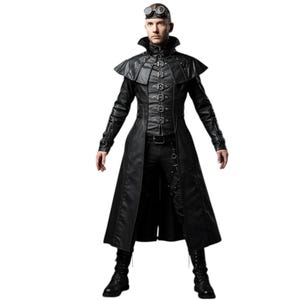 Gothic Leather Buckle Trench Coat for Men – Handmade Steampunk Techwear Jacket | Dark Fantasy, LARP & Cosplay Outfit