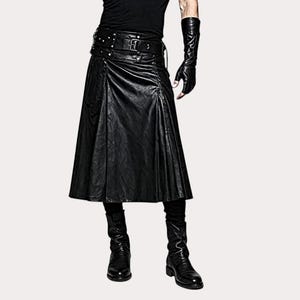Long Black Leather Kilt for Men Handmade Pleated Gothic Skirt with Belt & Side Pocket Steampunk Festival Cosplay Outfit