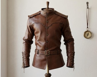 Handgemaakt middeleeuws doubletjack heren | Krijgersjas met riem en kanten manchet | Renaissance tuniekepauletten | Ren Fair-kostuum | Cadeau aangepast formaat