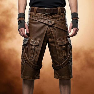 Steampunk Brown  Leather Shorts Utility Cargo Design w/ Straps & Pockets – Festival, Gothic  Cosplay Wear Handmade Leather Shorts