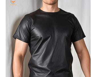 Men’s Black Handmade Leather T-Shirt  Minimalist Short Sleeve Real Leather Shirt for Streetwear, Club wear & Edgy Fashion Looks