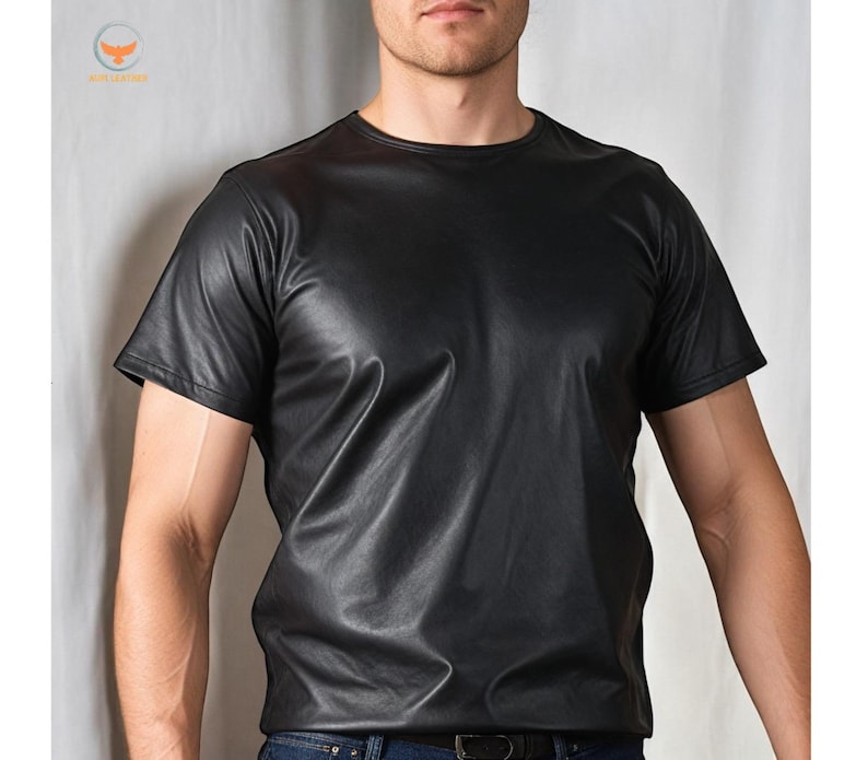 May include: A black leather short-sleeved t-shirt.