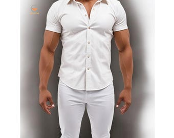 Men’s White Leather Shirt Slim Fit Short Sleeve Button-Up Handmade Leather Top for Summer Fashion, Club wear & Bold Style Looks