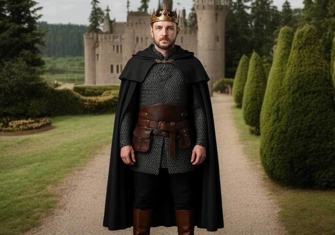 Medieval King Cloak Costume Black Fantasy Cape With Hood & Belt