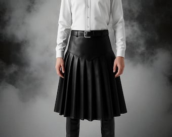 Black Pleated Leather Kilt for Men – Gothic Steampunk Festival Skirt, Custom Viking Warrior LARP Outfit, Handmade Statement Wear
