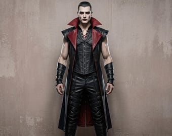 Vampire Gothic Leather Trench Coat for Men | Long Sleeveless Cosplay outfit | Dark Fantasy Halloween Costume | Steampunk Outfit