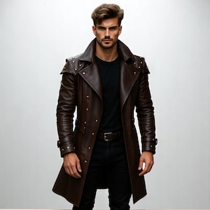Brown Leather Warrior Trench Coat | Gothic Fantasy Armor Jacket | Steampunk Cosplay Long Coat | Medieval LARP Overcoat