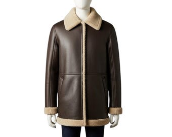 Men’s Brown Shearling Leather Coat – Winter Warm Lambskin Jacket, Sheepskin Fur Lined Outerwear, Handmade Vintage Aviator Style Gift