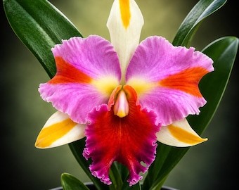 Puede incluir: Una orquídea Cattleya con pétalos vibrantes de color rosa, naranja y amarillo, con un labelo rojo intenso ondulado y un sépalo dorsal blanco con centro amarillo. La flor está en una maceta oscura con hojas alargadas, cerosas y de color verde oscuro.