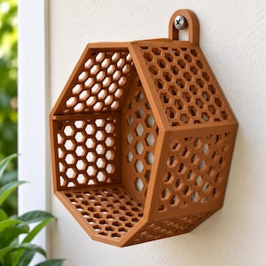May include: A hexagonal wall-mounted shelf in a matte brown finish, featuring a repeating honeycomb lattice pattern on all sides and a single mounting tab at the top secured to the wall with a visible metal screw.
