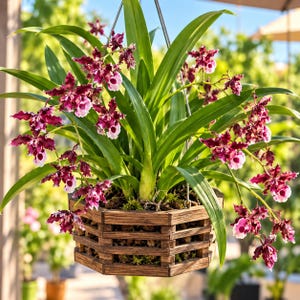 May include: A hanging wooden basket containing an orchid plant with long green leaves and numerous small, ruffled flowers in shades of deep burgundy and white. The basket is constructed from horizontal wooden slats.