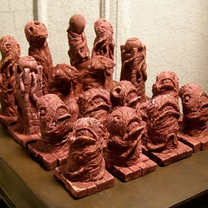 Weird Horror Chess Set in Hues of Char and Blood