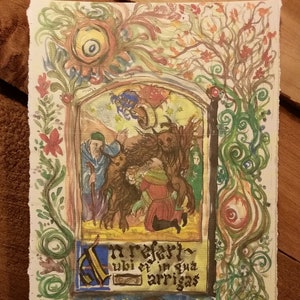 May include: A watercolor painting of a medieval-style illustration with a monster and a man in a green robe. The text in the image reads "In refart ubi et in qua arrigas". The painting is surrounded by a border of green vines and flowers.