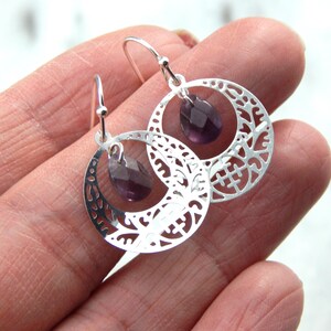 Amethyst Earrings: Silver Filigree Disc, February Birthstone image 3