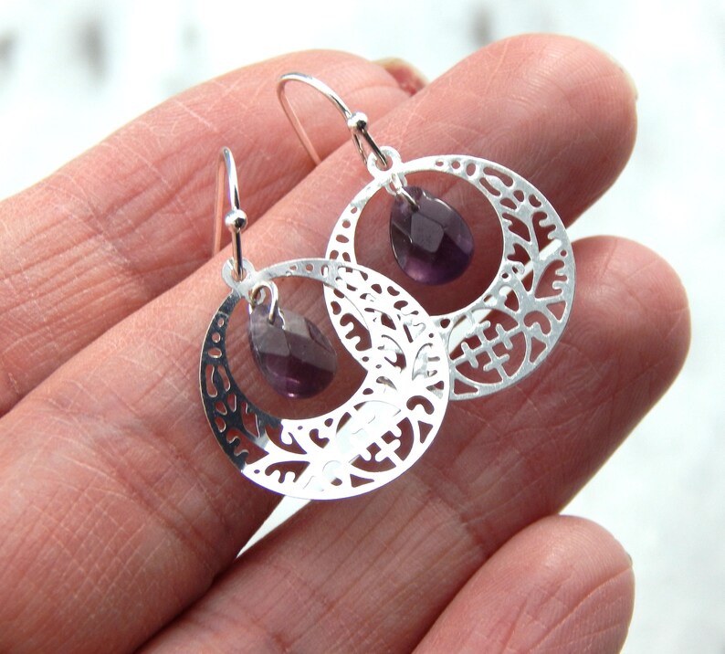 Amethyst Earrings: Silver Filigree Disc, February Birthstone image 3