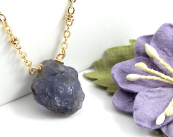 Raw Iolite Necklace,Water Sapphire Necklace,Raw Crystal Necklace,September Birthday Gift,Layering Necklace