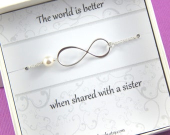 Silver Infinity Bracelet Gift For Sister Friendship Bracelet Pearl Bracelet Gift Boxed Jewelry Large Infinity Symbol