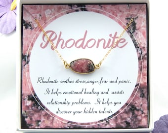 Rhodonite Necklace: Pink & Black Gem Slice, Gold Filled Chain