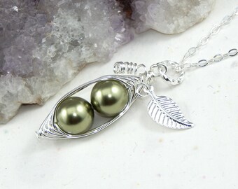 Peas In A Pod Necklace,Two Peas In A Pod Necklace,Peapod Jewelry,Sisters Necklace,Choose Your Color Pearls