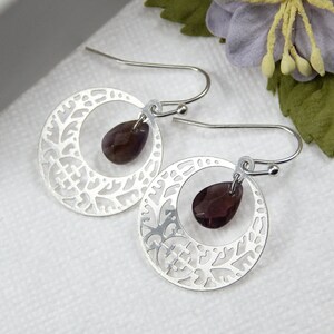 Amethyst Earrings: Silver Filigree Disc, February Birthstone image 2