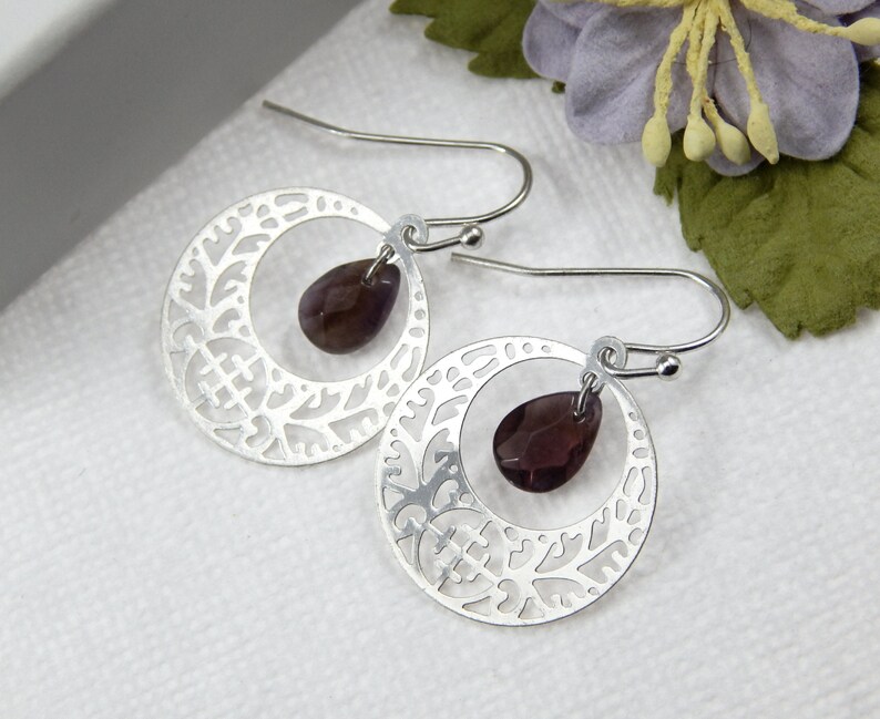 Amethyst Earrings: Silver Filigree Disc, February Birthstone image 2