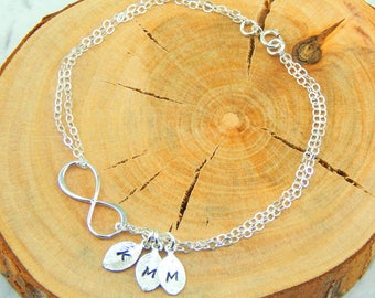 Infinity Bracelet,Personalized bracelet, with leaf charms, monogram leaves, monogram bracelet, friendship bracelet, sisters bracelet