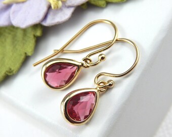 Pink Ruby Teardrop Earrings: Gold Filled July Birthstone Jewelry