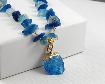 Quartz Necklace,Raw Blue Quartz And Blue Aventurine Necklace,Natural Gemstone Statement Necklace