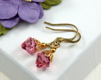 Pink Crystal Earrings,Swarovski Crystal Earrings, Gold Earrings