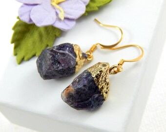 Purple Amethyst Raw Crystal Drop Earrings,February Birthstone Earrings,Natural Amethyst Earrings