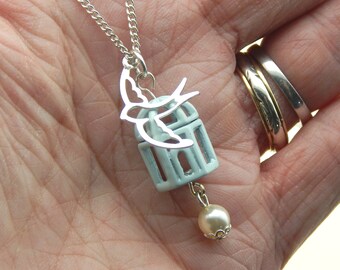 Bird Cage And Silver Bird Charm Necklace