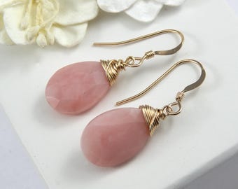 Pink Opal Earrings: Gold Filled Wire Wrapped Peruvian Opal, October Birthstone