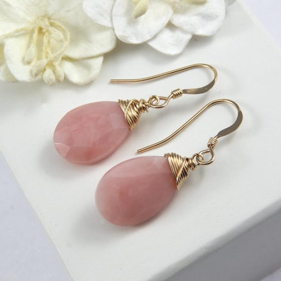 Pink Opal Earrings: Gold Filled Wire Wrapped Peruvian Opal, October Birthstone