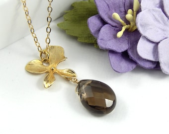 Smoky Quartz Necklace,Smoky Quartz Pendant Necklace,Gold Orchid Necklace,Quartz Jewelry