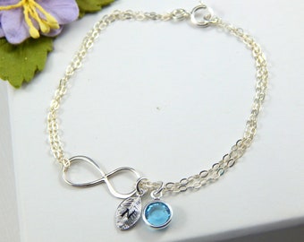 Personalized Silver Infinity Birthstone And Initial  Bracelet Sterling Silver Mothers Bracelet Friendship Bracelet