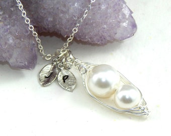 Mother and Child Pea Pod Necklace,Two Peas In A Pod Necklace, Initail Necklace,Sterling Silver  (pick your colors)