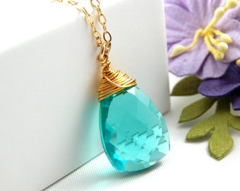 Blue Caribbean Quartz Necklace,Blue Gem Necklace,Caribbean Blue Quartz Crystal,Gold Filled Chain