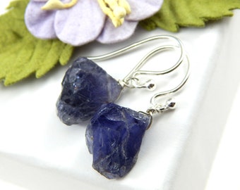 Raw Iolite Earrings,Water Sapphire Earrings,Raw Water Sapphire Earrings,Iolite Freeform Drop Earrings,Water Sapphire Freeform Drop Earrings