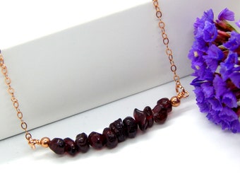 Raw Garnet Bar Necklace, Rose Gold Filled, January Birthstone