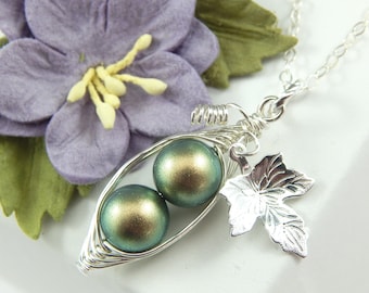 Two Peas in a Pod Pendant Necklace,Peapod Necklace,Green Peas In A Pod Necklace, iridescent Green,Mother of Two,Choose Your Color Pearls