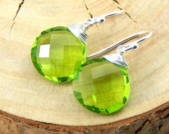 Peridot Earrings,August Birthstone,Sterling Silver Earrings,Wire Wrapped,Olivine Earrings,Briolette Earrings