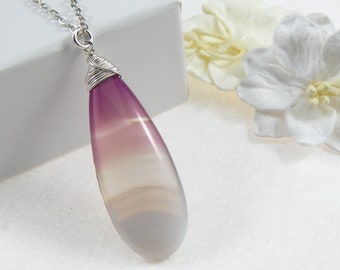 Chalcedony Necklace,Purple Chalcedony Necklace,Wire Wrapped Gemstone Necklace,Sterling Silver